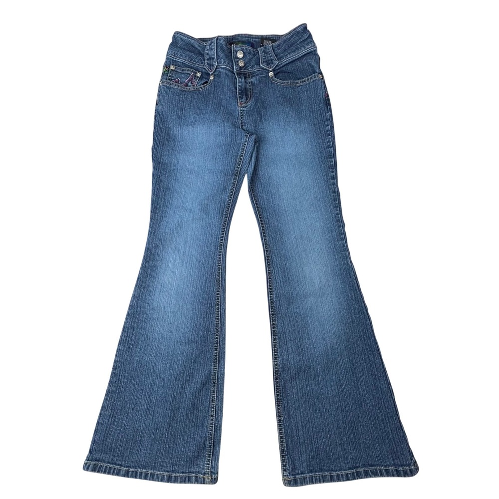 Jolt Jeans Girls Size 14 Blue Denim Flare Leg Pants Rainbow Logo Pink Stitching